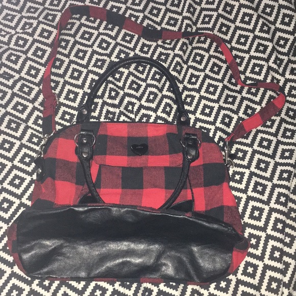 red and black plaid purse